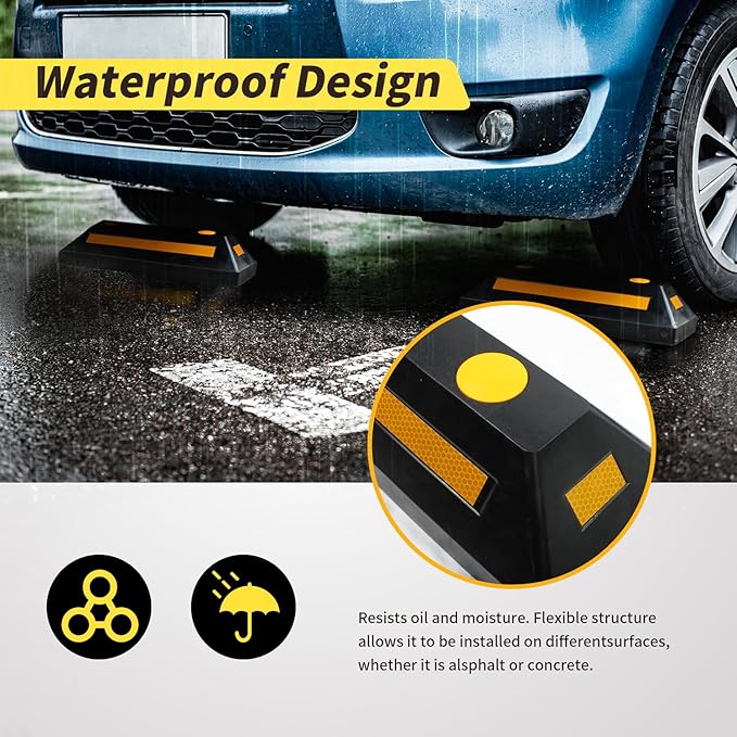 MaxxHaul 50135 2-Pack Commercial Grade Rubber Curb Parking Blocks with Yellow Reflective Strips Wheel Stops for Cars, Vans, RV's Trailers, Trucks & More