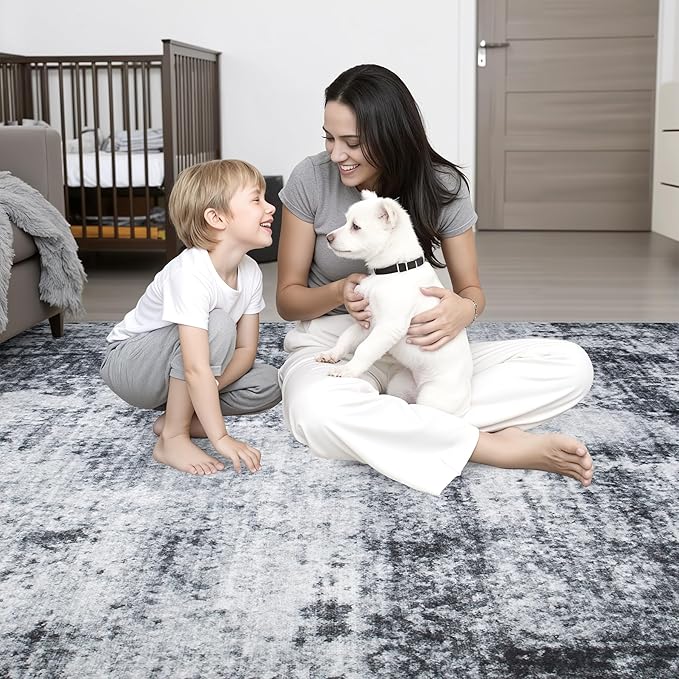 2'x5'Runner Rug Washable Rug: Modern Abstract Soft Thin Runner Rug Dark Black