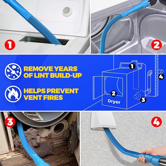 Holikme Dryer Vent Cleaner Kit – Blue Lint Vacuum Attachment | Dryer Vent Vacuum Hose Replacement Parts Reach Deep Inside Vents - Remove Hidden Lint, Speed Drying & Reduce Fire Risk