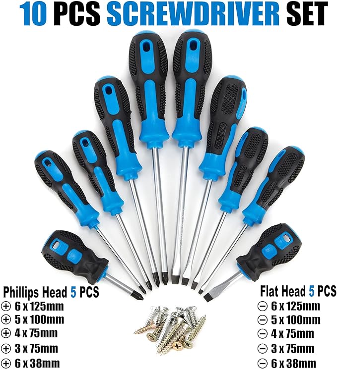 Magnetic Screwdriver Set 10 PCS,5 Phillips 5 Flat Head Precision Screwdriver, Professional Cushion Grip and Non-Slip for Repair Home Improvement Craft, Blue & Black