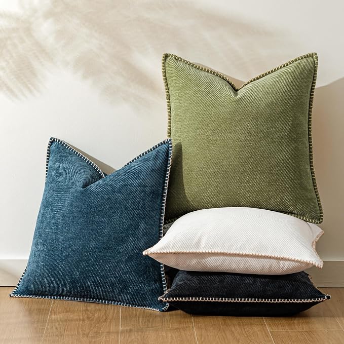 a moment Pack of 2 Decorative Chenille Throw Pillow Covers with Twill Cushion Covers for Sofa Living Room Couch Bed 18x18 Inch,Crafted Border Moss Green