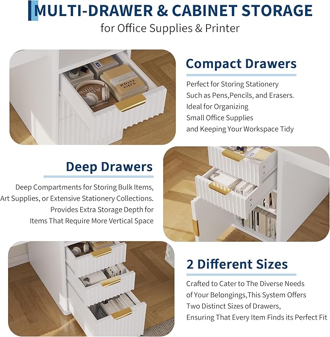 Garvee Rectangular Computer Desk with Hutch & Printer Stand, Ripple Door Storage Home Office Desk, Space-Saving Study Writing Desk for Bedroom, Sturdy Board Student Desk with Easy Assembly, White