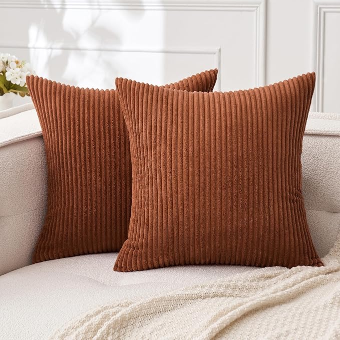 MIULEE Fall Soft Corduroy Throw Pillow Covers Set of 2 16x16 Dark Rust | Decorative Striped Textured Cushion Cases, Boho Rustic Square Pillowcases, Home Decor for Couch Chair Sofa Bed Living Room