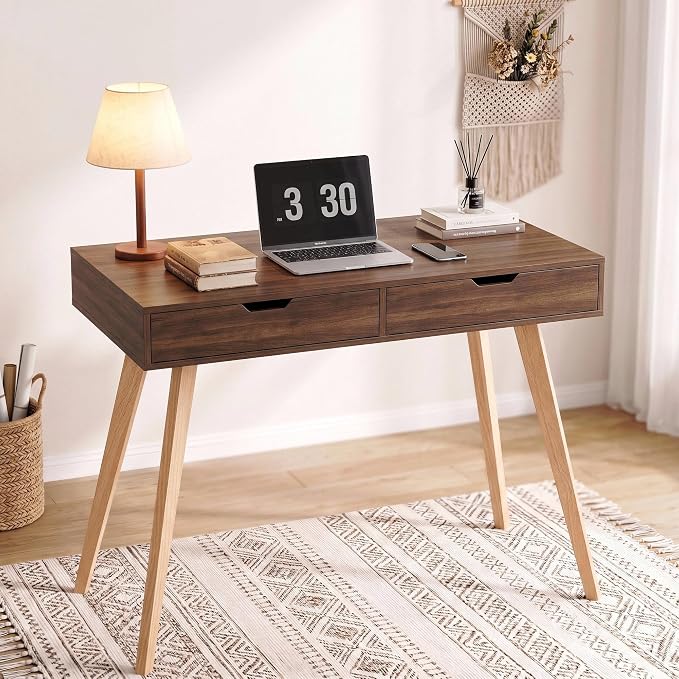FOTOSOK White Computer Writing Desk with 2 Drawers, Small Desk Makeup Vanity Table Wood Desk with 4 Oak Legs, Modern Home Office Desk Console Study Table, Walnut