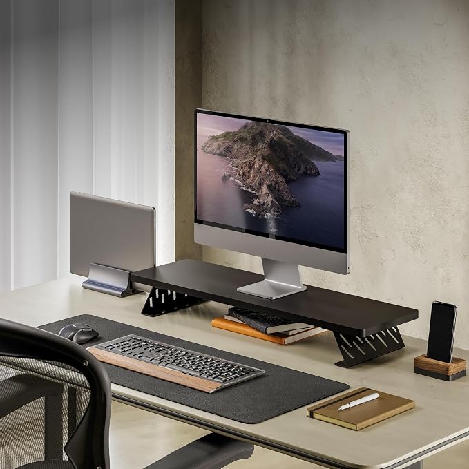 Fenge Monitor Stand Riser, 31.5 Inch Desk Top Shelf for 2 Monitors, Computer Stands for Desk, Wood & Steel Desktop Riser for Laptop, PC, Printer
