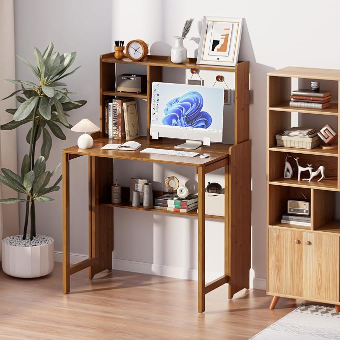 Folding Desk for Small Spaces, Bamboo Foldable Desk with Bookshelf, Brown | Small Computer Desk with Storage, Mid Century, Fold Out,Compact Size, for Bedroom, Living Room, Apartment, Home Office