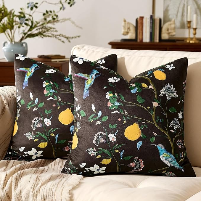MUSSEL Brown Velvet Floral Decorative 16x16 Pillow Covers Set of 2 | Soft Durable and Sturdy,Bird Plant,Throw Pillows Case,Square,Colorful Modern Cushion Covers,Home Sofa Bed Couch Decor