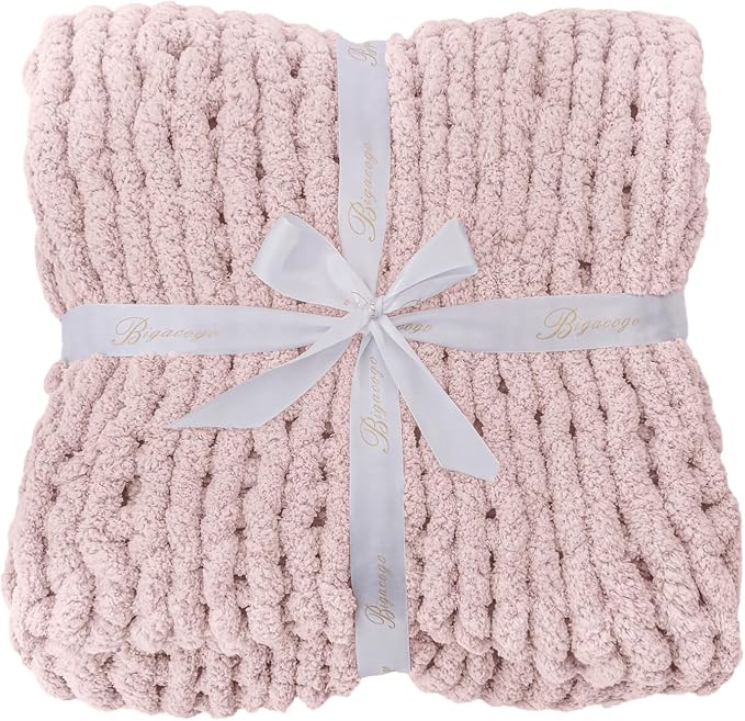 Bigacogo Chunky Knit Throw Blanket for Couch, 40x40 inches, Rose Tan | Hand Knit with Jumbo Chenille, Soft Breathable Cable Knit for Sofa Bed Living Room, Machine Washable, Gift for Mom Friend