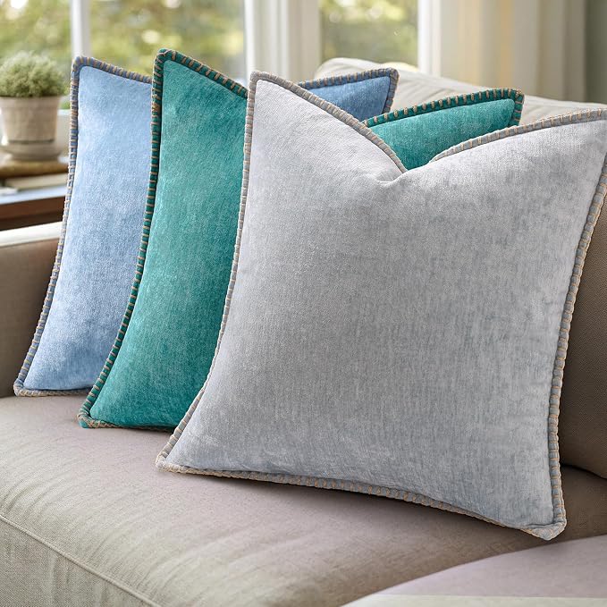 decorUhome Soft Chenille Throw Pillow Covers 22x22 Set of 2 Turquoise | Fall Textured Decorative Throw Pillow Cases Stitched Edge Modern Farmhouse Luxury Boho Velvet for Couch Sofa Bed Home Decor