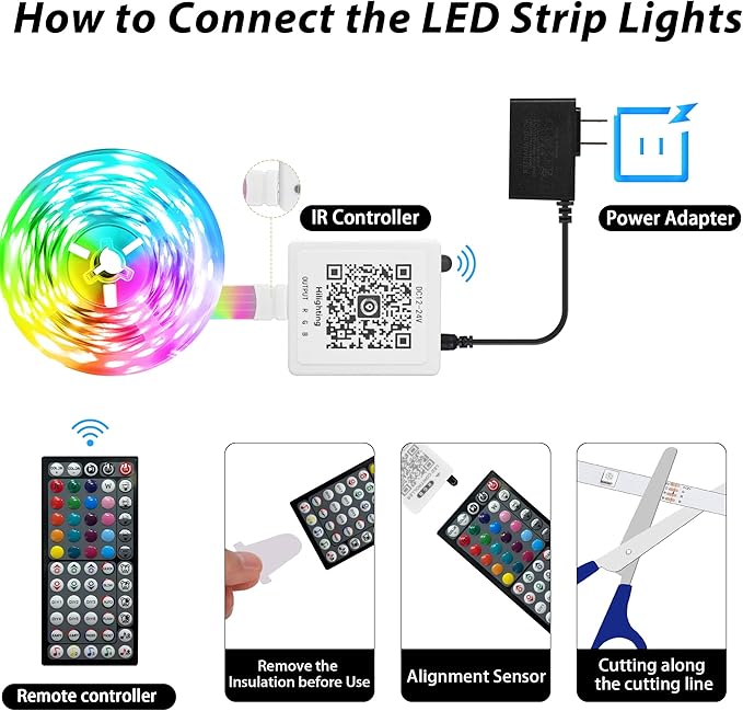 Led Lights for Bedroom 100ft (1 Roll) Music Sync, Color Changing Led Strip Lights with Remote and App Control, RGB Led Lights for Room, Christmas, Home Decor, White, GAN-rgb005-3