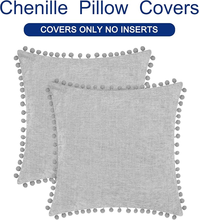 CaliTime Decorative Couch Throw Pillow Covers 22 X 22 Inches Moonbeam Gray | Pack of 2, Cozy Chenille Cushion Cases, with Pom Poms for Sofa Bed Living Room Farmhouse Home