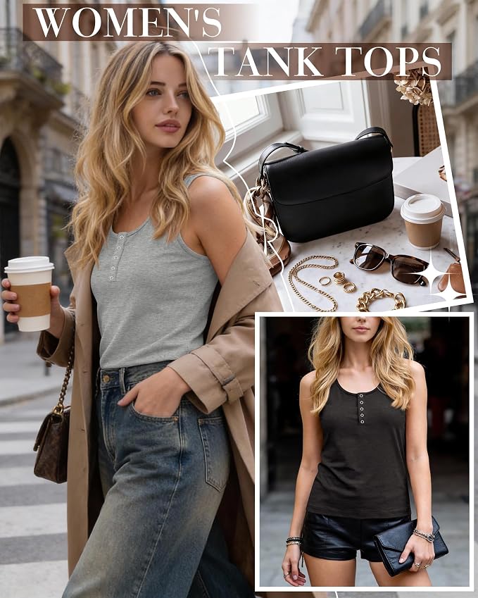 Ficerd 3 Pack Women's Henley Tank Tops Sleeveless Button Down Summer Shirts 2026 Casual Trendy Loose U Neck Tee Blouses