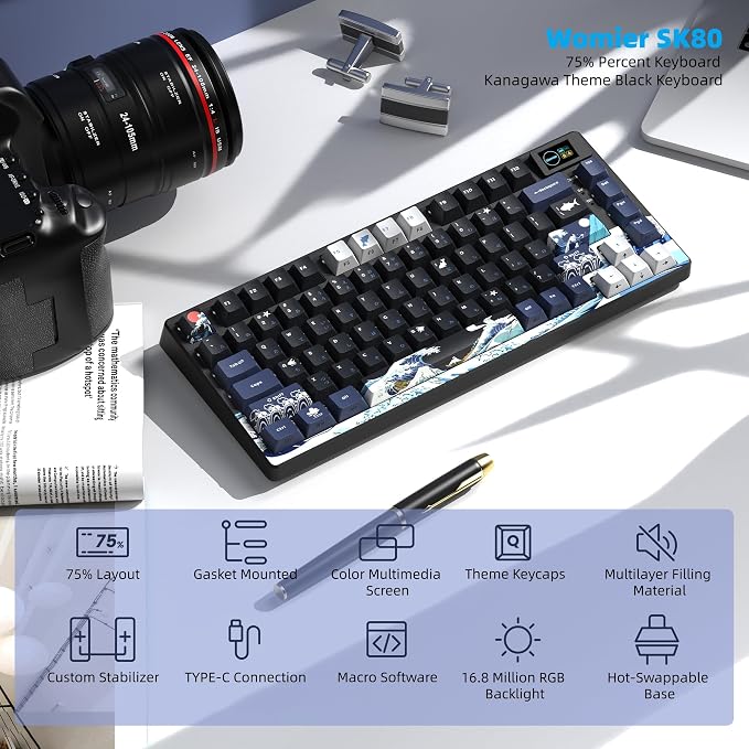 Womier SK80 75% Keyboard with Color Multimedia Display Gaming Keyboard | Creamy Sound Mechanical Wired Hot Swappable Gasket RGB Custom Key board, Pre-lubed Stabilizer for Mac/Win, Black Kanagawa