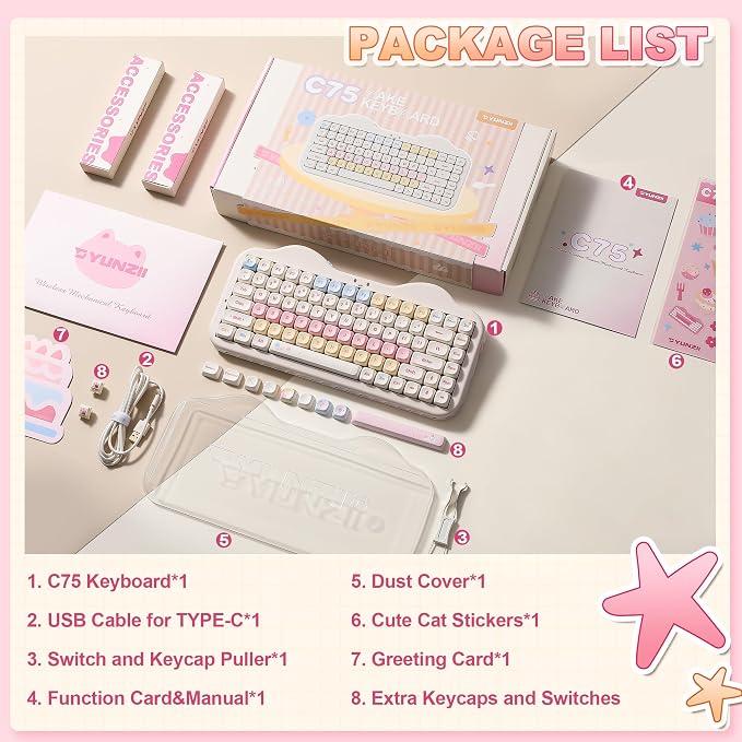 YUNZII C75 Cute 75% Wireless Mechanical Keyboard (Beige, Candy Switch) | Creamy Cake Keyboard, BT5.0/2.4G/USB-C, Hot-Swap, NKRO, PBT MOA Keycaps,5500mAh RGB Gasket Mount for Mac/Win/Gaming/Office