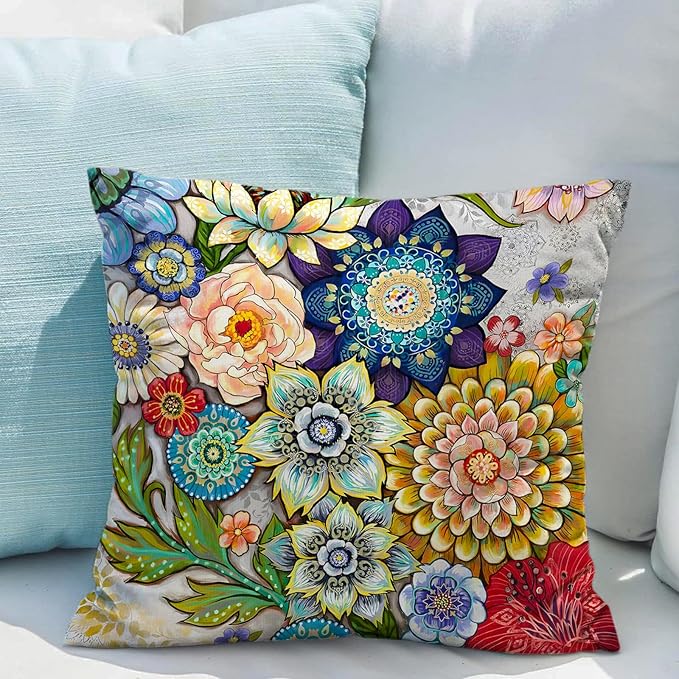 Snycler Boho Floral Throw Pillow Covers Set of 2 Colorful Boho Flower Decorative Cushions Pillowcase for Bedroom Sofa Home Decor, 20x20 Inch, Velvet, Short Plush