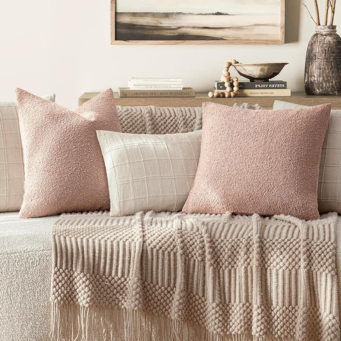 Foindtower Set of 2, Decorative Textured Boucle Throw Pillow Covers Accent Solid Lumbar Pillow Cases Cozy Couch Cushion Case for Chair Sofa Bedroom Living Room Home Decor 12 x 20 Inch Light Pink