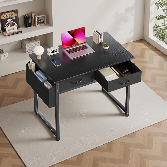 DUMOS 32" Home Office Computer Desk with Drawers, Small Gaming Writing Study Table with Storage Side Bag, Headphone Hook and Adjustable Feet for Bedroom Black | Home Office Desk for Bedroom, Gaming Writing Study Desk with Adjustable Feet