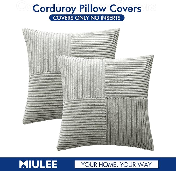MIULEE Silver Grey Decorative Throw Pillow Covers for Couch 18x18 Inch | 2 Pack, Boho Farmhouse Pillow Covers, Soft Cross Corduroy Patchwork Textured Cushion Cases For Bed Sofa