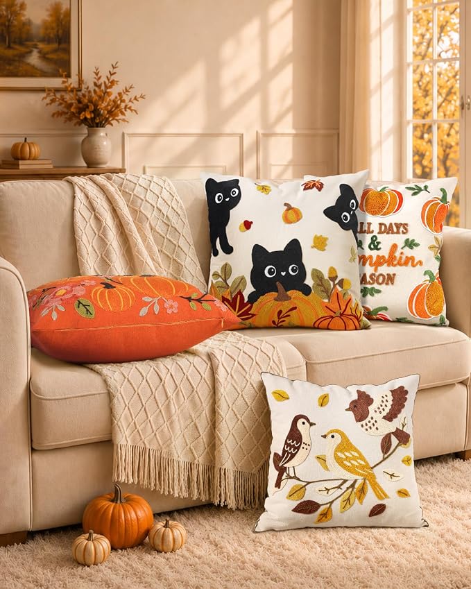 Fall Embroidered Throw Pillow Cover 18x18 Inch, Bird Leaves | Decorative Pillow Cover, Farmhouse Cushion Cases with Hidden Zipper, Autumn Decor for Couch, Sofa, Bed, Living Room