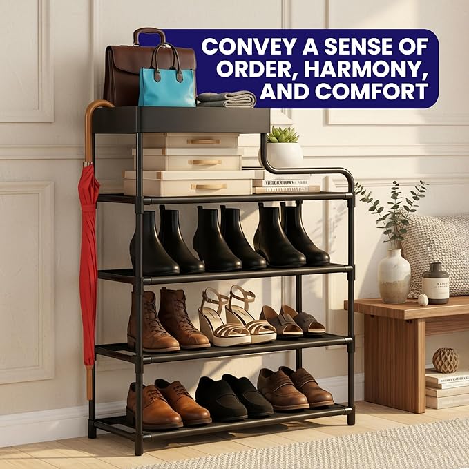 Entryway Shoe Storage, Shoe Rack For Closet, Zapateras Organizer, Organizador de Zapatos, 4 Tier Storage Rack with Top Tray, Narrow Zapatero for Sneakers, Boots and Heels