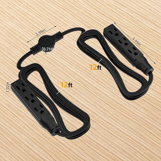 STARELO Twin Extension Cord With 6 3-Prong Receptacles, 24FT Flat Plug (12FT Each Side) for Behind Beds, Sofas, Dressers, Furniture (Black)