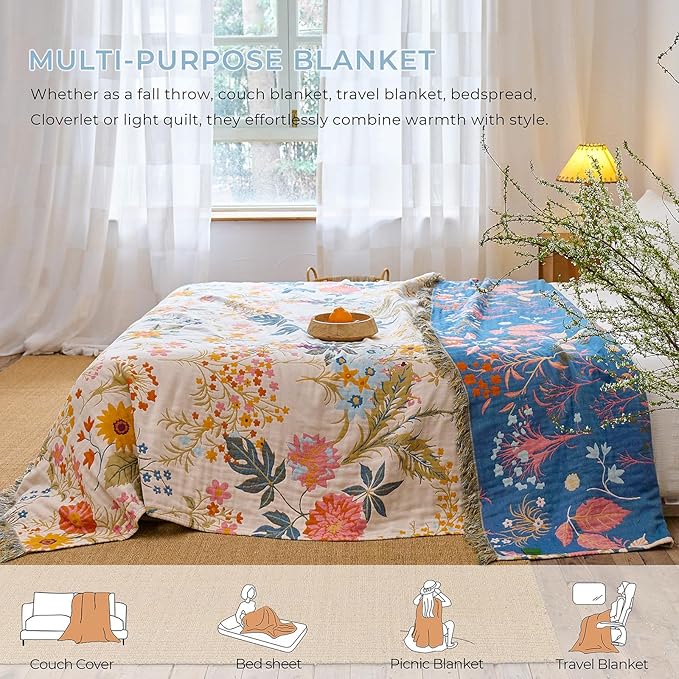 Boho Throw Blanket for Home Decor,Ultra Soft Spring Rustic Classic Quilt,100% Cotton Muslin Blankets for Adults, Reversible Woven Decorative Blanket for Bed Layering Use, Colorful Floral, 60"x80"