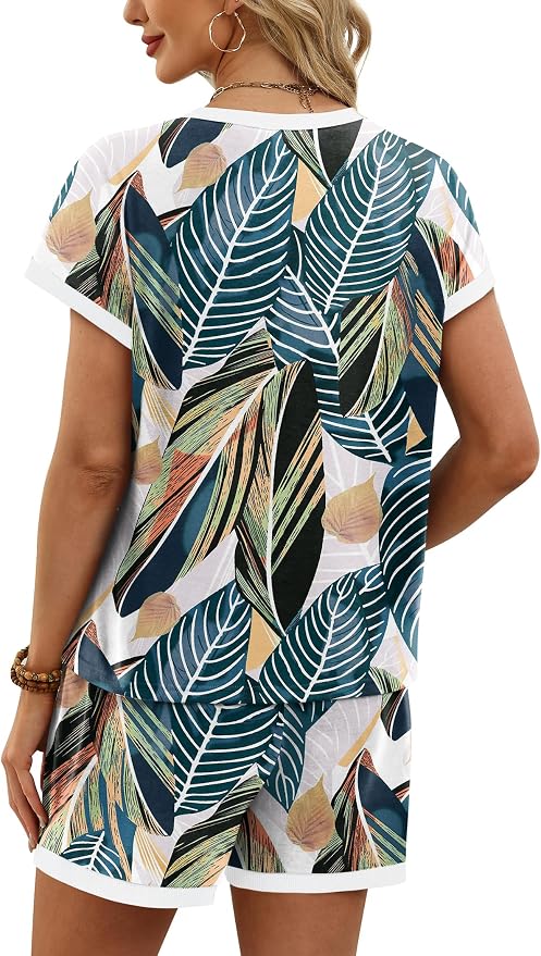WIHOLL Two Piece Sets for Women Summer Lounge Short Sets Cap Sleeve Crew Neck Sweatsuit with Pocket XS-2XL