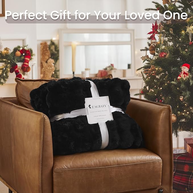 L'AGRATY Faux Rabbit Fur Throw Blanket for Couch, 90'' x 90'', Black | Soft Cozy Bubble Fluffy Blanket for Sofa Bed, Thick Warm Plush Fuzzy Throw for Room Home Decor, Luxury Gift for Women Mom