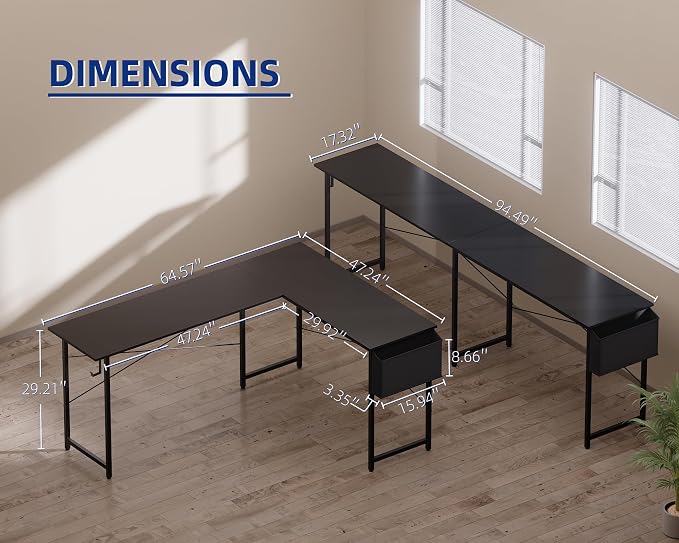 Pamray 64.5 Inch Reversible L Shaped Gaming Desk Large Corner Computer Desk with Storage Bag Home Office Table for Writing Study Marble