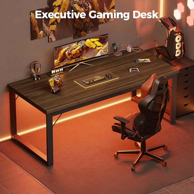 Mericonia 63x28 Inch Computer Desk w/Power Outlets, 1.2" Thick Office Table | Modern Simple Style, Heavy Duty Industrial Frame, Large Study & Writing Table for Home Bedroom Work, Walnut