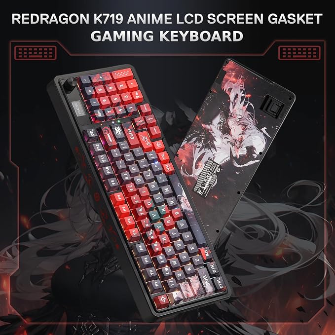 Redragon K719 PRO Wireless RGB Gasket Gaming Keyboard, Dye-Sub Anime Keycap | Easy-Control LED Info Display, 0-Delay Tri-Mode, Cushioned 5-Layer Noise Dampening for Creamy Thocky Sound, 95% Layout