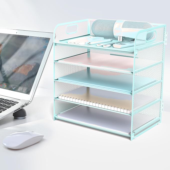 Letter Tray Paper Organizer 5-Tier Desk Organizer File Organizer Paper Holder with Handle, Metal Desktop Document Shelf Tray Office Classroom Organization - Blue