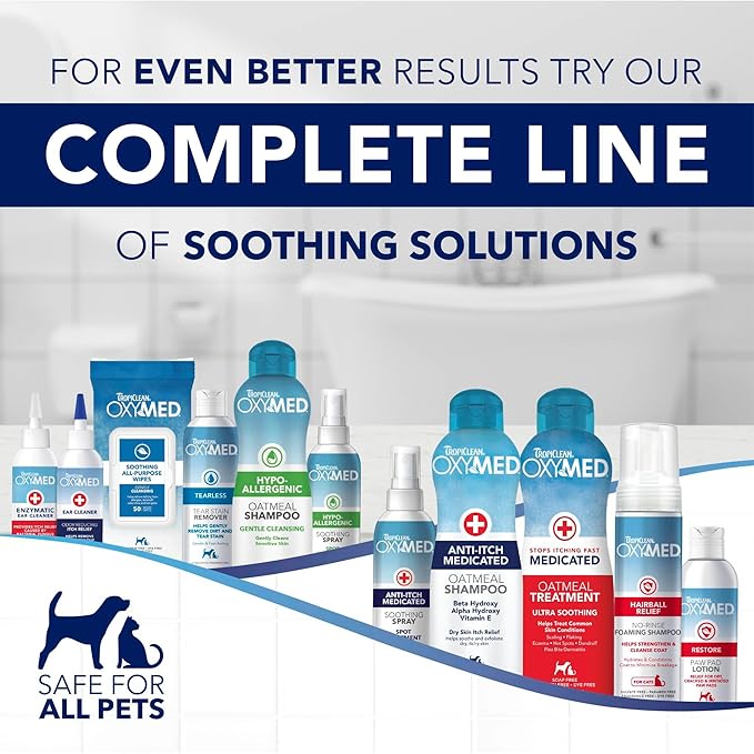 TropiClean OxyMed Dog Shampoo for Allergies and Itching , Medicated Oatmeal Shampoo for Dry Itchy Skin, Seborrhea, & Hot Spots, Cat Safe, 20oz.