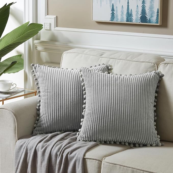 Fancy Homi Set of 2 Neutral Grey Decorative Throw Pillow Covers 12x12 Inch with Pom-poms for Couch Bed Sofa, Modern Farmhouse Boho Home Decor, Soft Plush Corduroy Cute Cushion Case 30x30 cm