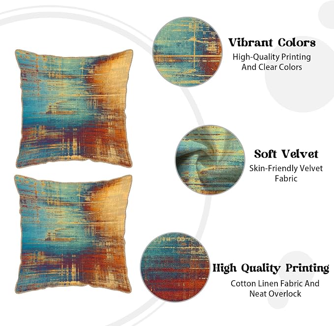 KSLIDS Vintage Abstract Soft Velvet Throw Pillow Covers Set of 2 Blue Orange Messy Rust Painting Decorative Pillow Covers 16x16 Inch Colorful Art Pillow Case for Sofa Couch Living Room Home Decor