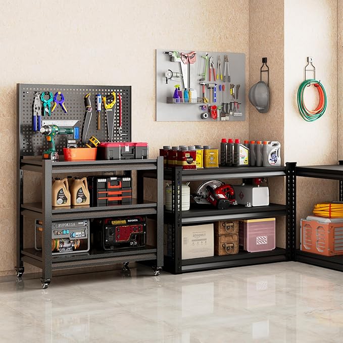 Workbench with Pegboard, Adjustable Shelving Work Table, Mobile Workstation with Lockable Wheels for Garage Warehouse Workshop Office, 47.2" H x 33.5" W x 18" D, Black