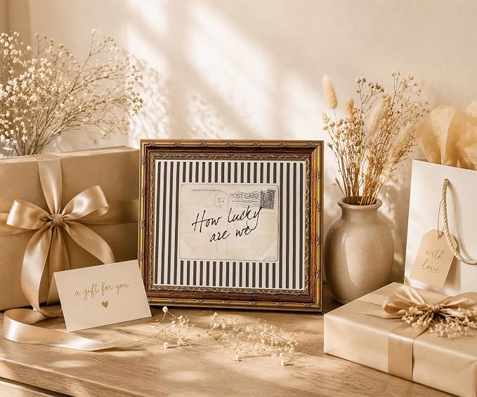 Vintage Gold Framed How Lucky We Are Wall Art Retro Inspirational Canvas | Antique Striped Postcard Quote Poster Print Painting for Bedroom Dorm Apartment, 12x16 Inch