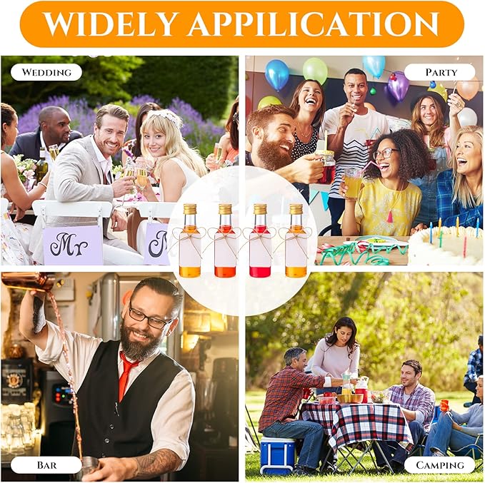 100 Pcs Mini Liquor Bottles Set, 1.7oz Plastic Shot Bottles with Caps, 6 Funnels, 100 Tags, and 65ft Ropes, Miniature Spirit Containers Bulk for Wedding Party Favors