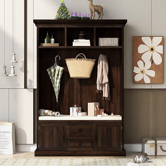 RUNNA Delicate 3-in-1 Hall Tree with 2 Cabinet and 2 Drawers,3 Open Shelves and 3 Hooks,Coat Hanger and Storage Bench,for Livingroom Hallway Entryway Use (Tiger#H-)