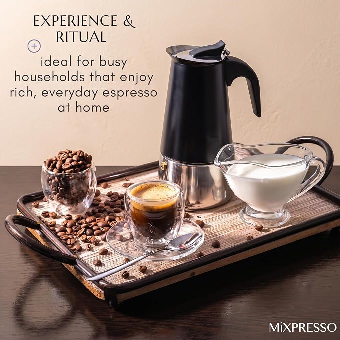 Mixpresso 9 Cup Greca Moka Pot, Stainless Steel Stovetop Espresso Maker | 450ml/15oz Italian stovetop coffee maker with classic percolator design, ideal for preparing coffee at home or while camping