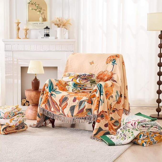 XIBLC Boho Throw Blanket for Bed, 100% Cotton Soft Rustic Quilt Fall Blanket, 50"x60" Green Floral Printed Farmhouse Decor Bed Blankets, All Season Rustic Reversible Bohemian Throw Quilt