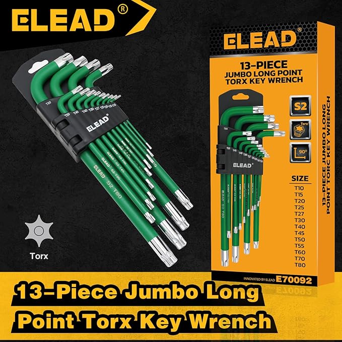 ELEAD Jumbo Torx Key Wrench Set | 13-Piece Durable S2 Star Keys | L-Shaped Long Arm Design | Sizes T10 to T80 | Automotive | Mechanic | Furniture | Professional Grade Tools