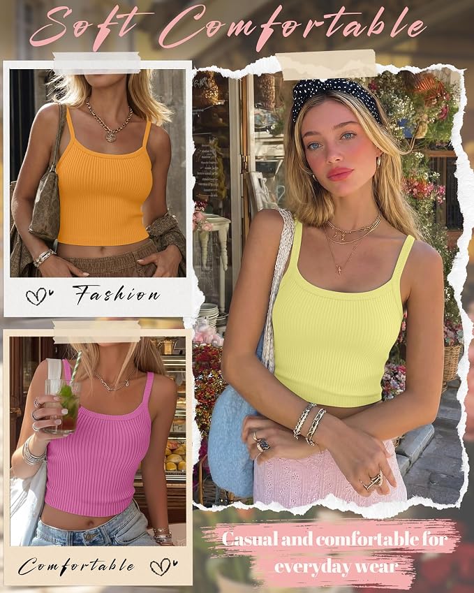 Ficerd 3 Pack Women's Tank Tops 95% Cotton Spaghetti Strap Ribbed Crop Camisole Slim Fitted Basic Summer Sleeveless Layer
