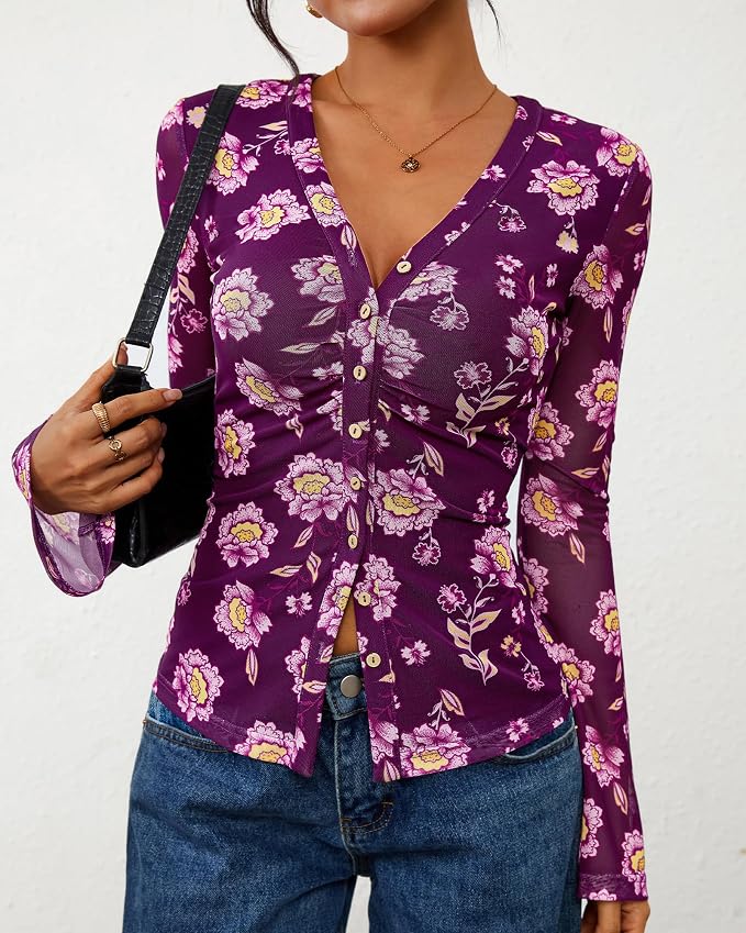 BTFBM Button Down Shirts for Women 2026 Fall Boho Tops V Neck Long Sleeve Blouses Ruched Mesh Fitted Fashion Clothing
