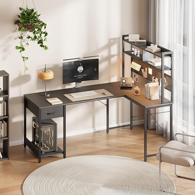 Apicizon L Shaped Gaming Desk 53" with Hutch, LED Light and Drawer | Carbon Fiber Surface, Storage Shelves, Pegboard with Hooks, PC Tower Stand, USB Charging Port, Home Office, Bedroom