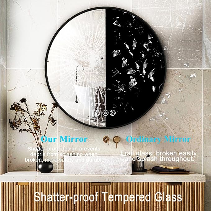 Round Bathroom Mirror with Lights, 32x32 Inch Vanity Mirror with Backlit, Anti-Fog, 3 Colors and Stepless Dimmable Wall Mounted Makeup Mirror with Metal Frame (Black)