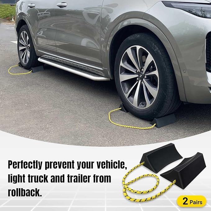 HOXWELL Dual Wheel Chocks, Light Non-Slip Wheel Stoppers with Nylon Rope Yellow Reflective Tape, Wheel Block for Lightweight Travel Trailer, Light Truck, Car, Tractor, Lawnmower 2 Pair, Black&Yellow