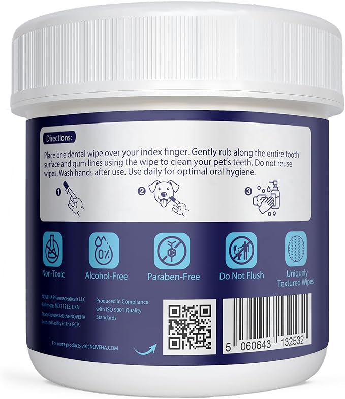 NOVEHA Pets Dental Finger Wipes for Dogs & Cats | Freshens Breath, Reduces Plaque | Healthier Gums | Clean Teeth No Toothbrush | Vet Recommended Effective Natural Oral Care (100 pcs, Mint)