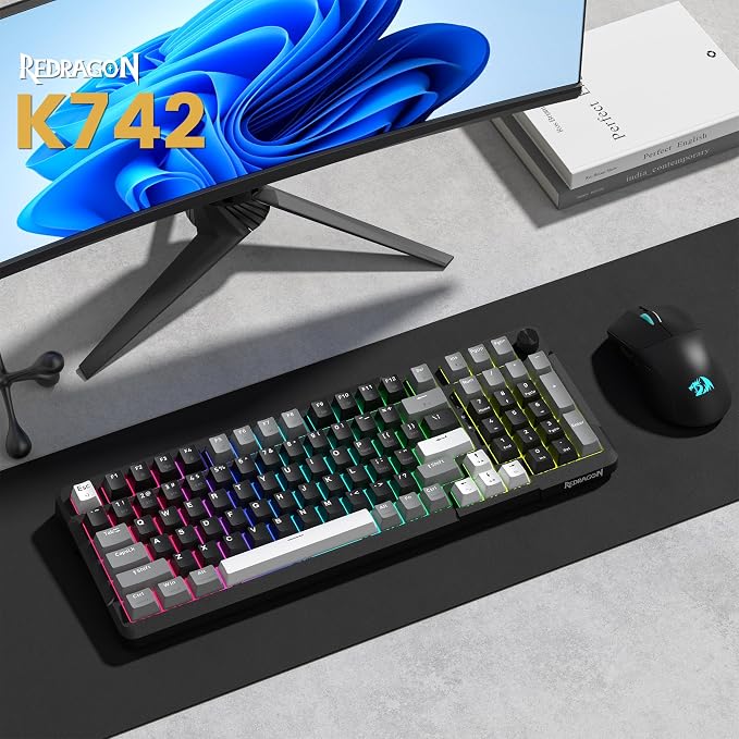 Redragon K742 Wireless Mechanical Gaming Keyboard with Knob for PC Computer | Bluetooth 5.0/2.4GHz/USB C Wireless Creamy Keyboard with Number Pad, RGB Backlits, Hot-Swappable with Linear Switches (Black)