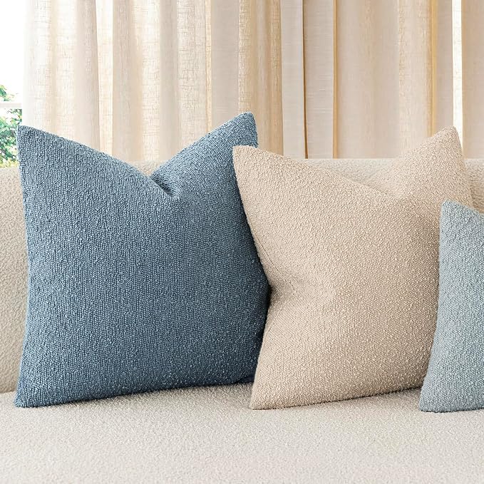 Foindtower Set of 2, Decorative Textured Boucle Throw Pillow Covers Accent Solid Pillow Cases Neutral Cozy Couch Cushion Case for Chair Sofa Bedroom Living Room Home Decor 24x24 Inch Misty Blue